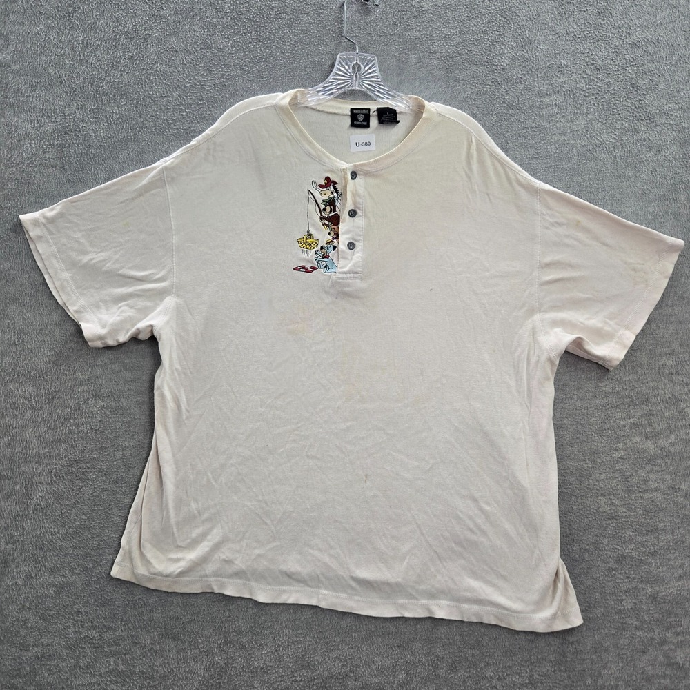 Warner Bros Men Shirt Large White Henley Yogi Bear Embroidered Pullover READ
